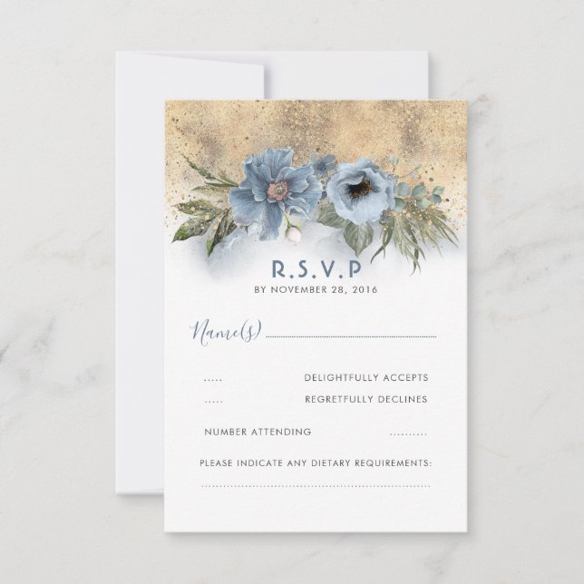 Dusty Blue and Gold Glitter Boho Wedding RSVP (Front)