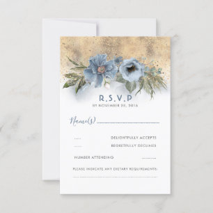 Dusty Blue and Gold Glitter Boho Wedding RSVP Card