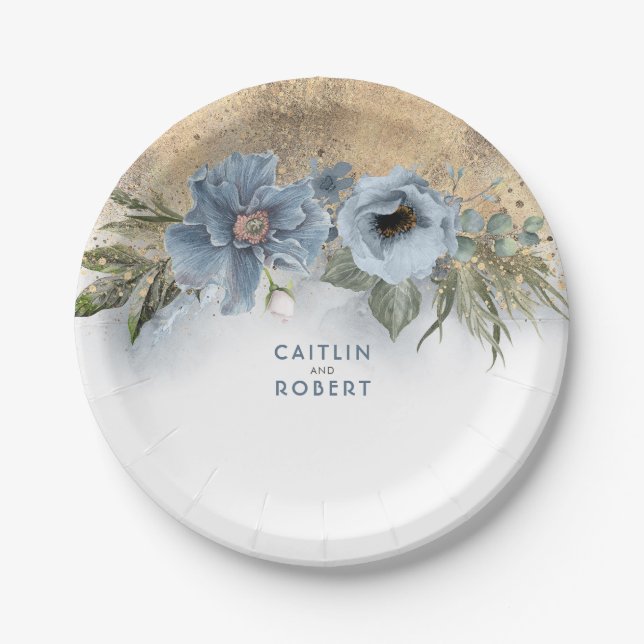 Dusty Blue and Gold Glitter Elegant Modern Paper Plate (Front)