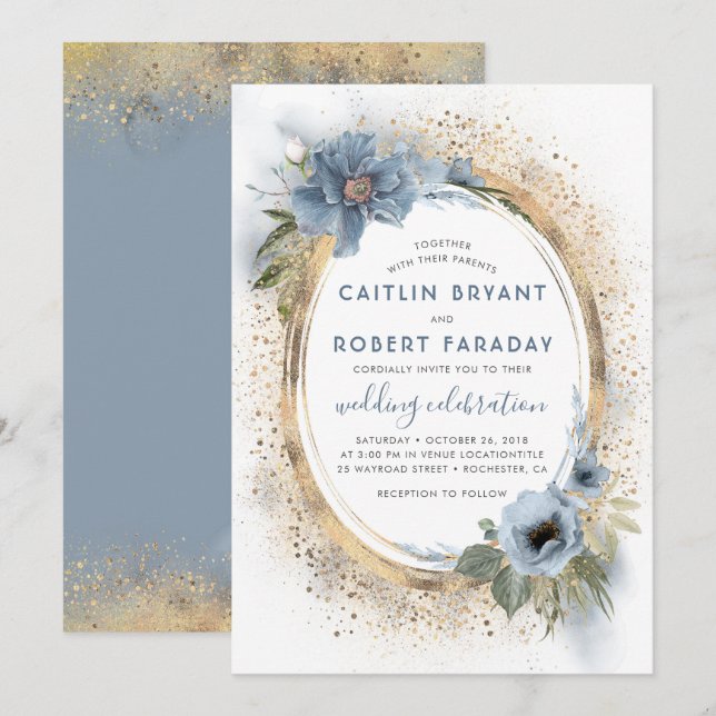 Dusty Blue and Gold Glitter Floral Modern Wedding Invitation (Front/Back)