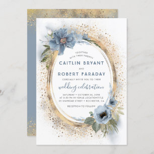 Dusty Blue and Gold Glitter Floral Modern Wedding Invitation