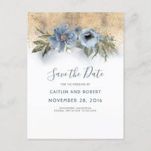 Dusty Blue and Gold Glitter Floral Save the Date Announcement Postcard