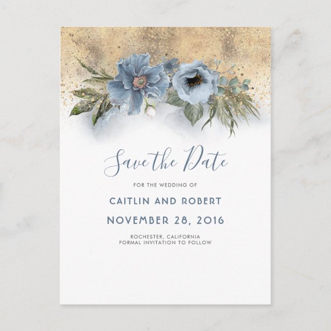 Dusty Blue and Gold Glitter Floral Save the Date Announcement Postcard (Front)