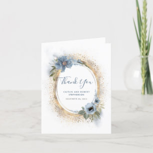 Dusty Blue and Gold Glitter Floral Thank You Card