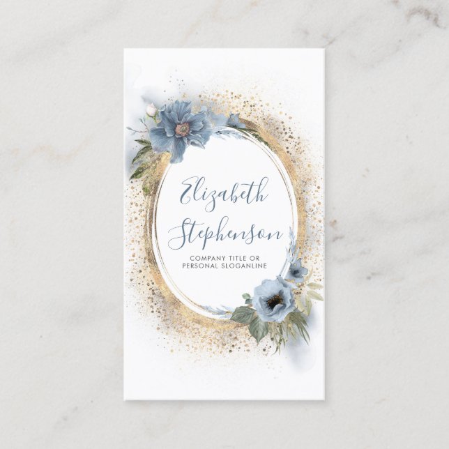 Dusty Blue and Gold Glitter Modern Floral Chic Business Card (Front)