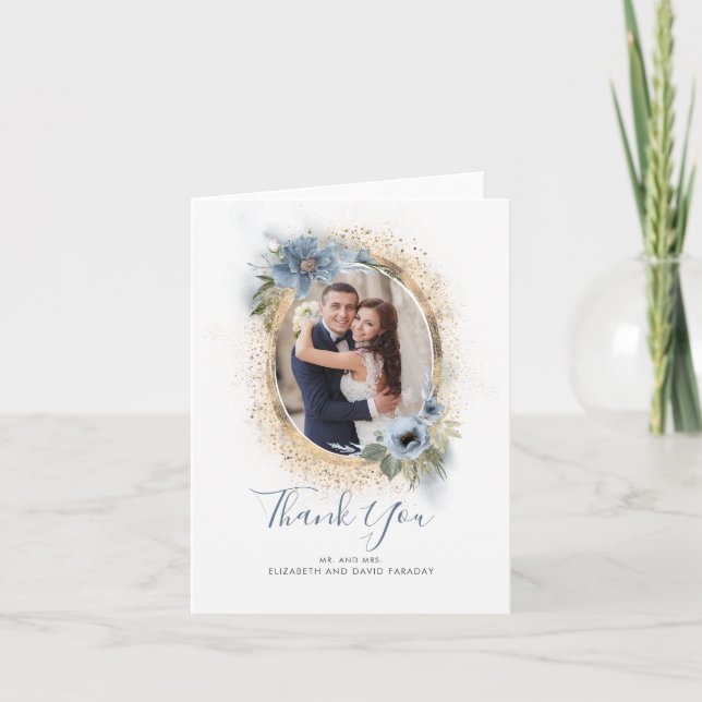 Dusty Blue and Gold Glitter Thank You Photo (Front)