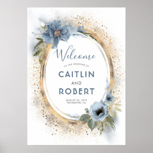 Dusty Blue and Gold Glitter Wedding Sign