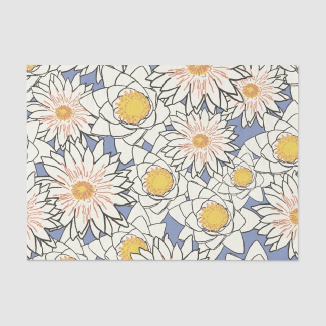 Dusty Blue and Gold Large Flowers Tissue Paper (Front)