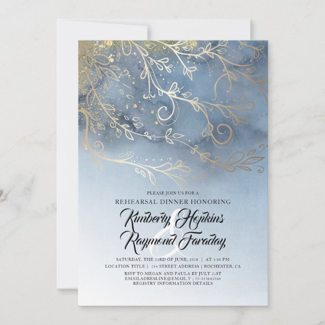 Dusty Blue and Gold Modern Rehearsal Dinner Invitation (Front)