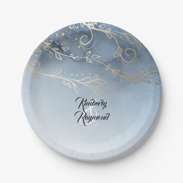 Dusty Blue and Gold Modern Watercolor Paper Plate (Front)