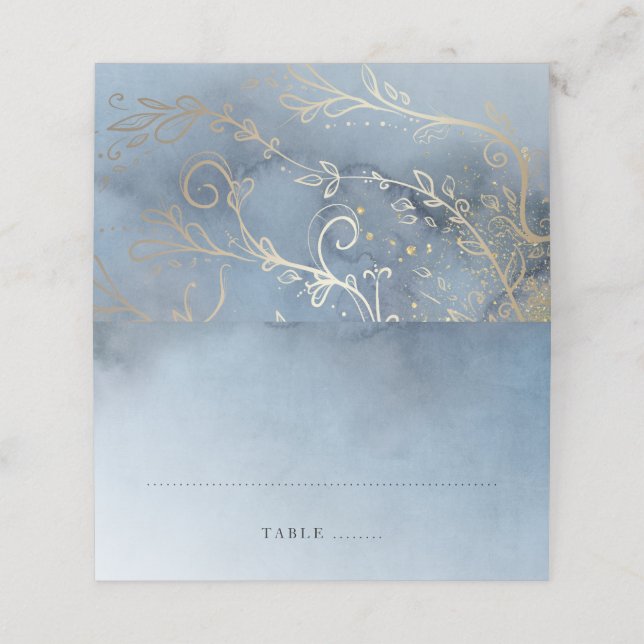 Dusty Blue and Gold Modern Wedding Place Card (Outside Unfolded)