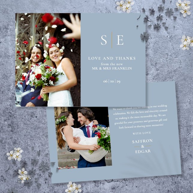 Dusty Blue And Gold Monogram 2 Photo Wedding Thank You Card (Dusty Blue And Gold Monogram 2 Photo Wedding Thank You Card)