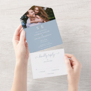 Dusty Blue And Gold Monogram Photo Wedding All In One Invitation