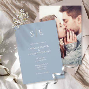 Dusty Blue And Gold Monogram Photo Wedding Invitation