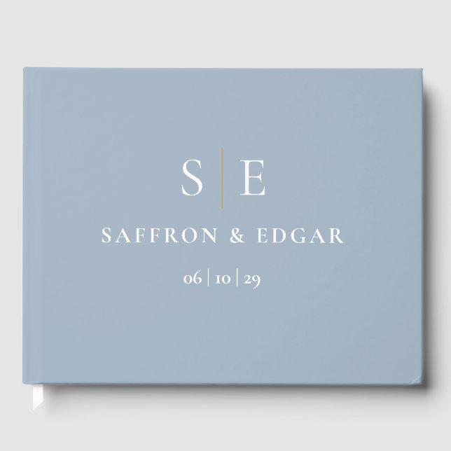 Dusty Blue And Gold Monogram Wedding Guest Book (Front)