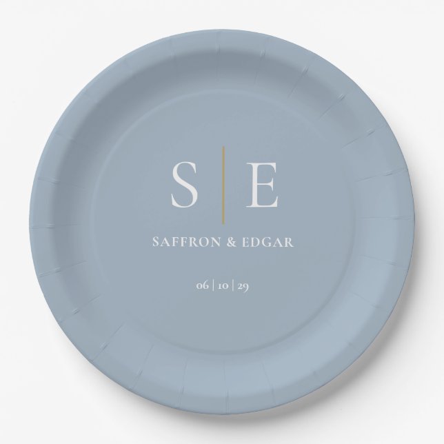 Dusty Blue And Gold Monogram Wedding Paper Plate (Front)