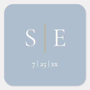 Dusty Blue And Gold Monogram Wedding Square Sticker