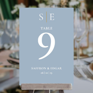 Dusty Blue And Gold Monogram Wedding Table Number 