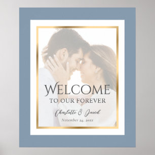 Dusty Blue and Gold Photo Wedding Welcome Sign