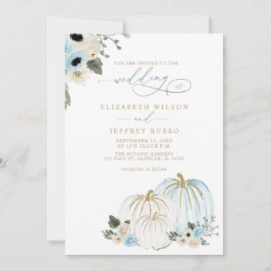 Dusty Blue and Gold Pumpkins Fall Wedding Invitation