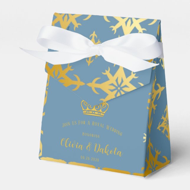 Dusty Blue and Gold Royal Crown Wedding  Favour Box (Front Side)