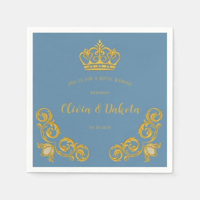 Dusty Blue and Gold Royal Crown Wedding Napkins (Front)