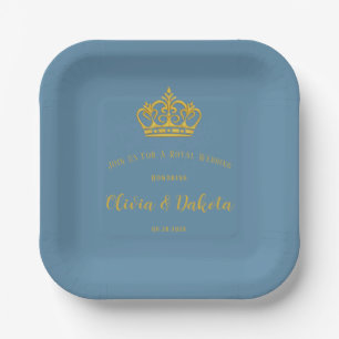 Dusty Blue and Gold Royal Crown Wedding Paper Plate
