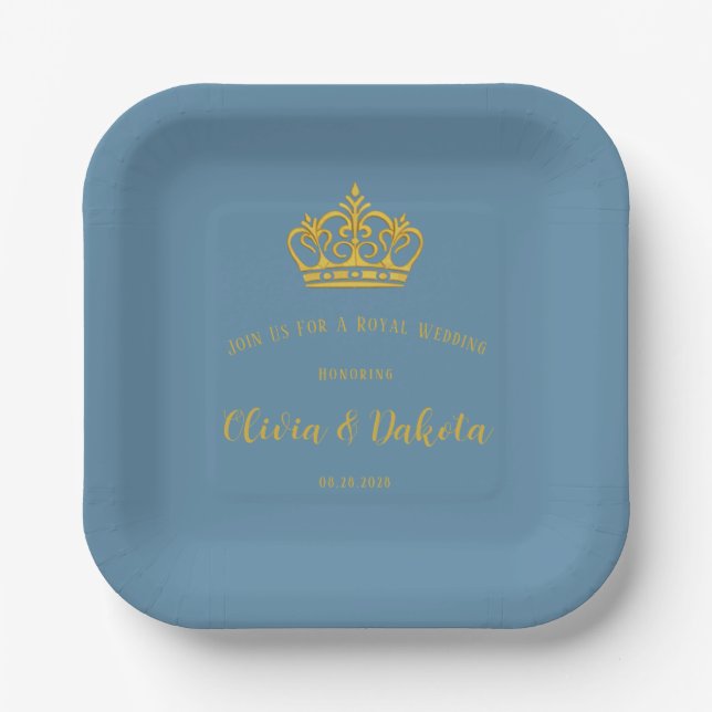 Dusty Blue and Gold Royal Crown Wedding Paper Plate (Front)