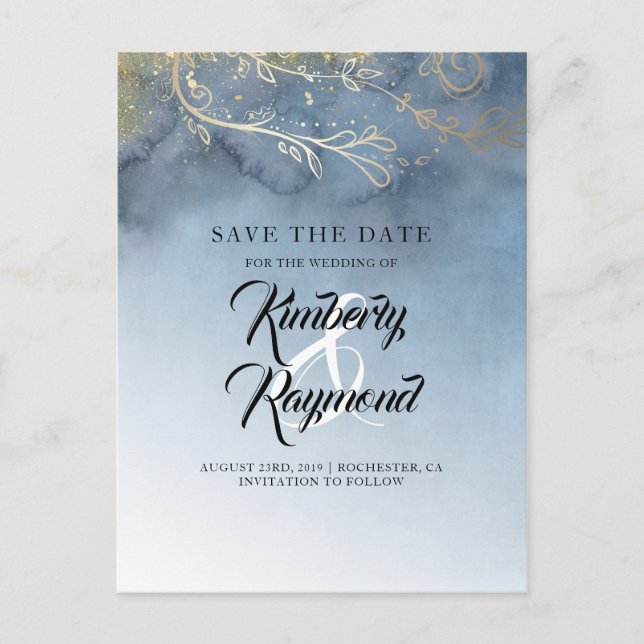 Dusty Blue and Gold Save the Date Announcement Postcard (Front)