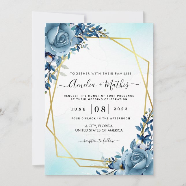 Dusty Blue and Gold Spring Watercolor Floral Invitation (Front)