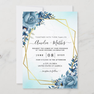 Dusty Blue and Gold Spring Watercolor Floral Invitation