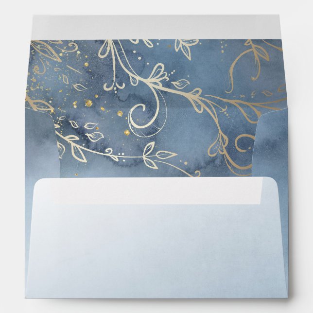 Dusty Blue and Gold Swirls Elegant Wedding Envelopes (Back (Bottom))