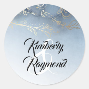 Dusty Blue and Gold Watercolor Wedding Classic Round Sticker