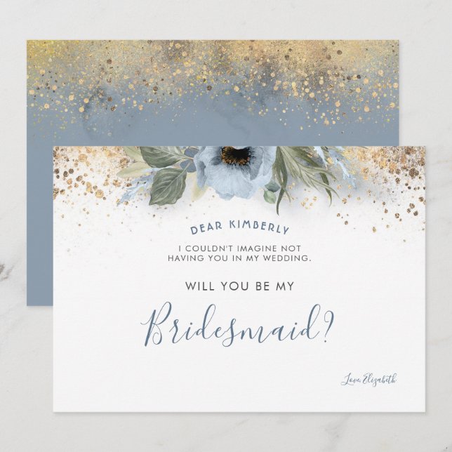 Dusty Blue and Gold Will You Be My Bridesmaid Invitation (Front/Back)