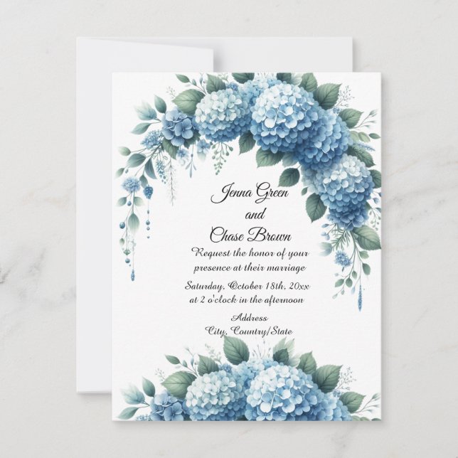 Dusty Blue and Green Hydrangea Wedding Invitation (Front)