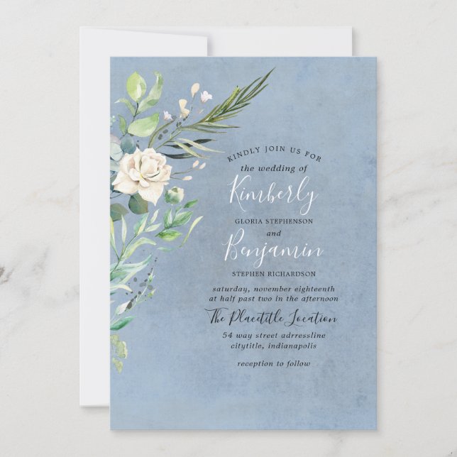 Dusty Blue and Greenery Modern Wedding Invitation (Front)