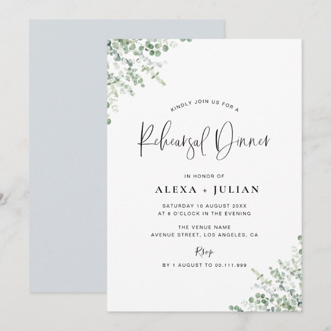 dusty blue and greenery rehearsal dinner invitation (Front/Back)