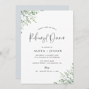 dusty blue and greenery rehearsal dinner invitation
