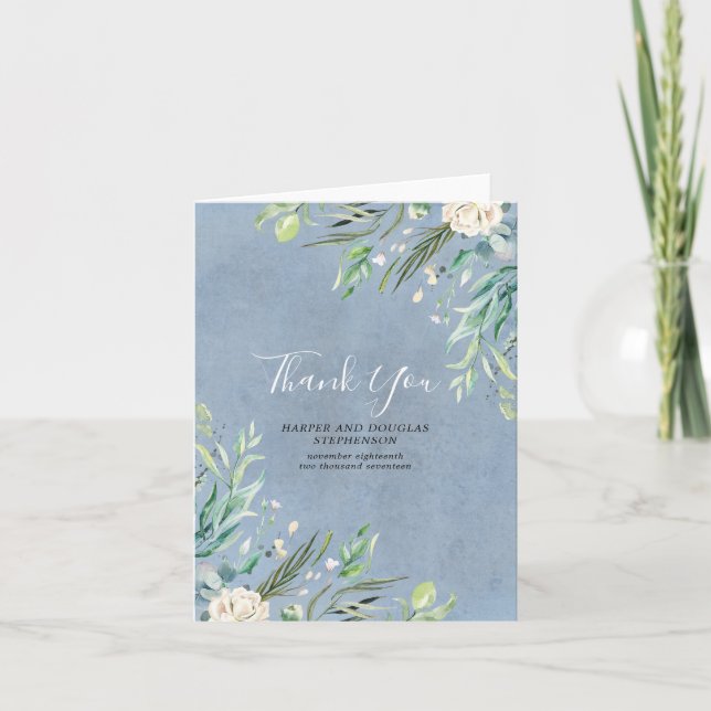 Dusty Blue and Greenery Wedding Thank You (Front)