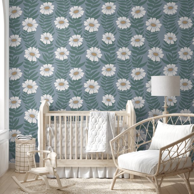 Dusty Blue and Ivory Climbing Wavy Flower Stripe Wallpaper (Kids)