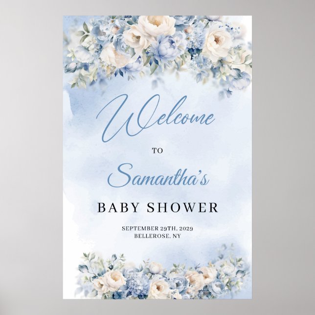 Dusty Blue and Ivory Flowers Baby Shower welcome Poster (Front)