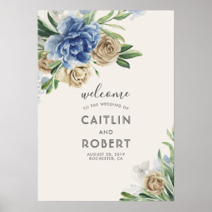 Dusty Blue and Ivory Flowers Poster
