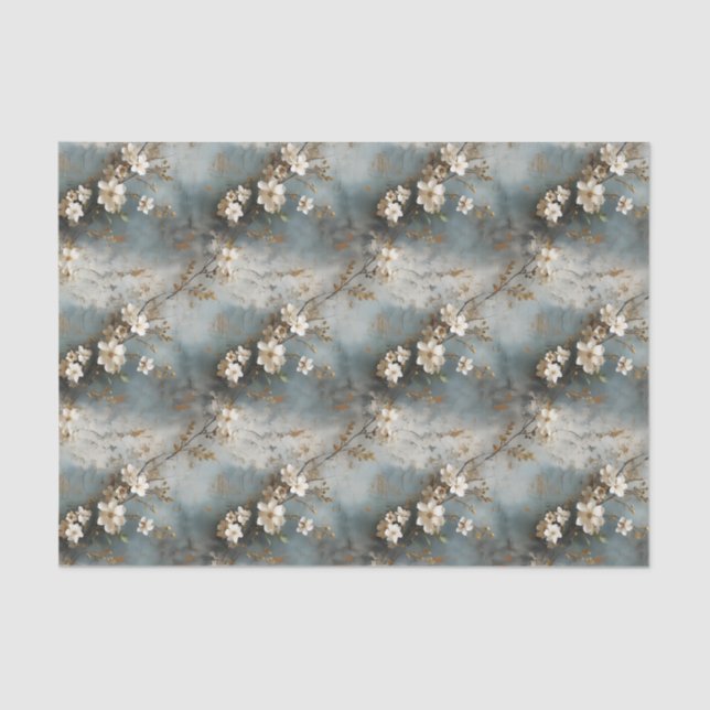 Dusty Blue and Ivory Shabby Floral Decoupage Paper (Front)