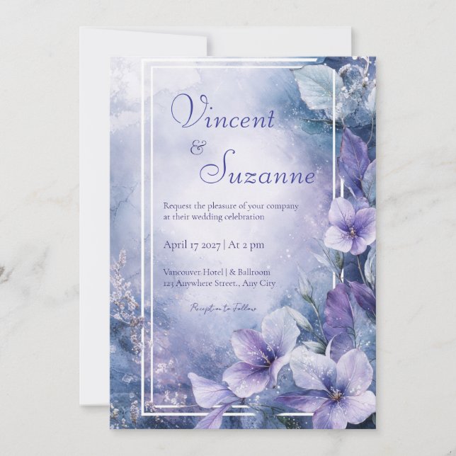 Dusty Blue and Lavender Floral Wedding  Invitation (Front)