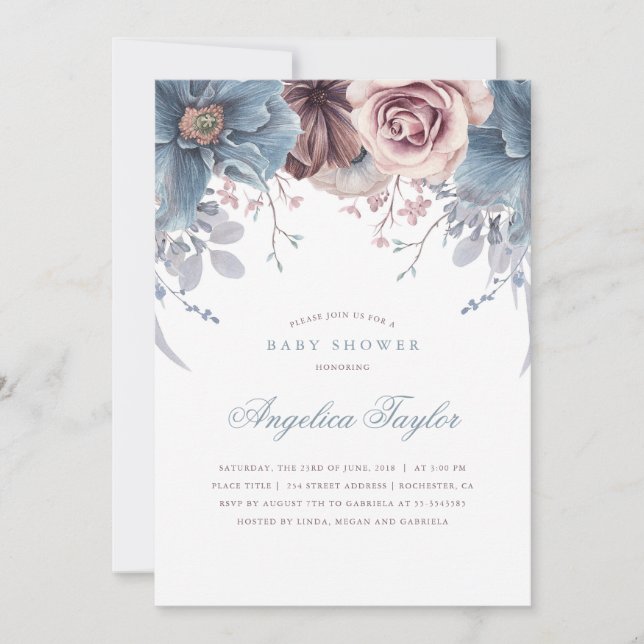 Dusty Blue and Mauve Floral Baby Shower Invitation (Front)