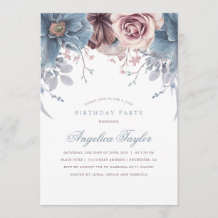 Dusty Blue and Mauve Floral Birthday Party Invitation