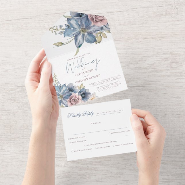 Dusty Blue and Mauve Floral Elegant Wedding All In All In One Invitation (Tearaway)