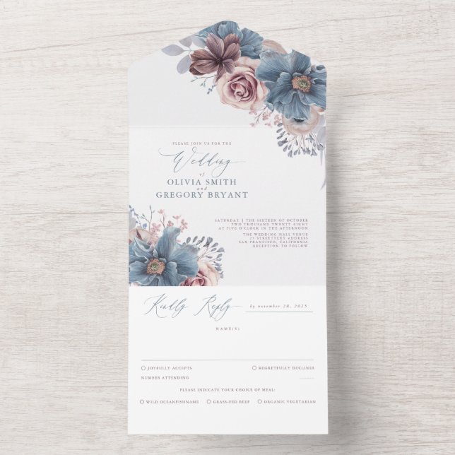 Dusty Blue and Mauve Floral Elegant Wedding All In One Invitation (Inside)