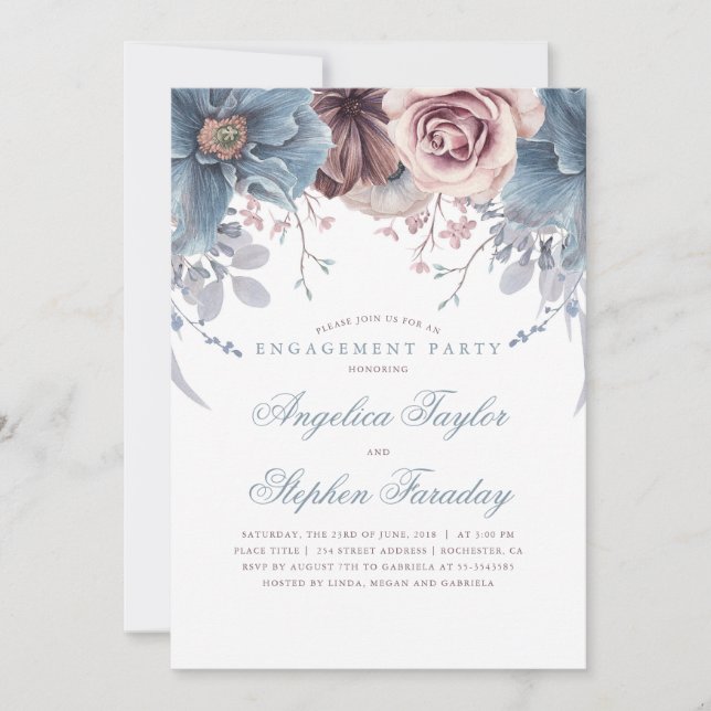 Dusty Blue and Mauve Floral Engagement Party Invitation (Front)