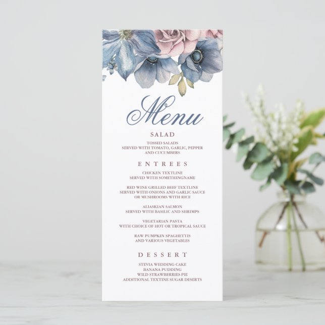 Dusty Blue and Mauve Floral Modern Wedding Menus (Standing Front)